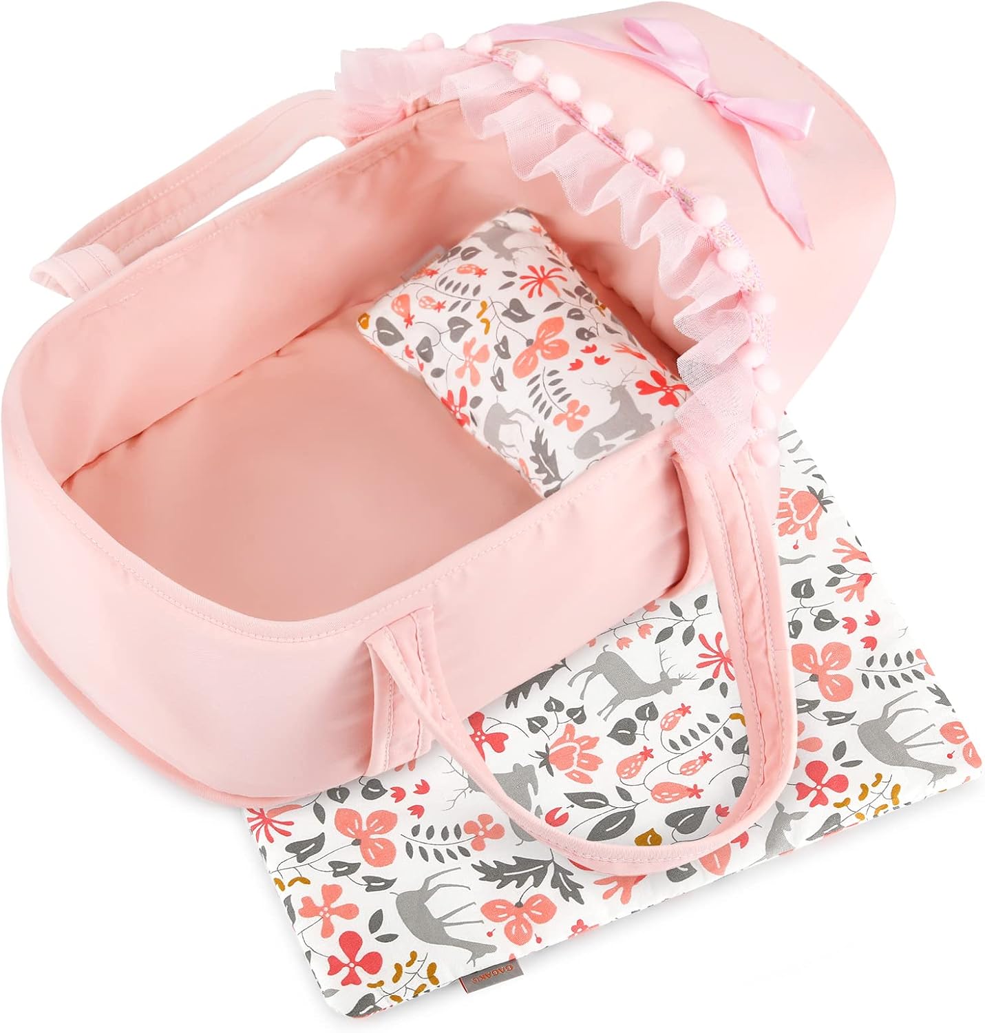 Color Pink GAGAKU Baby Doll Bassinet, Doll Carrier Doll Carry Cot Set with Canopy and Pillow Blanket for 9 10 11 12 Inch Dolls Stuffed Animals - Pink